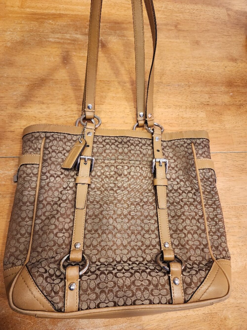 Coach Signature Gallery monogram tote handbag with khaki brown canvas & leather